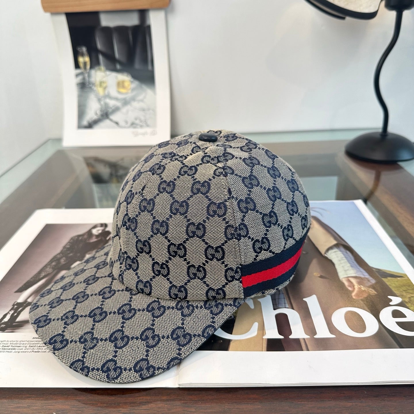 Casquette Gucci GG Supreme Beige Bande Web Marine Rouge