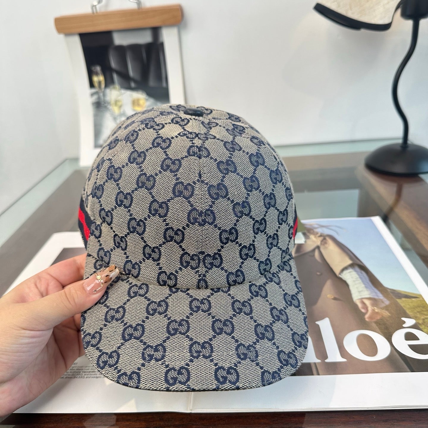 Casquette Gucci GG Supreme Beige Bande Web Marine Rouge