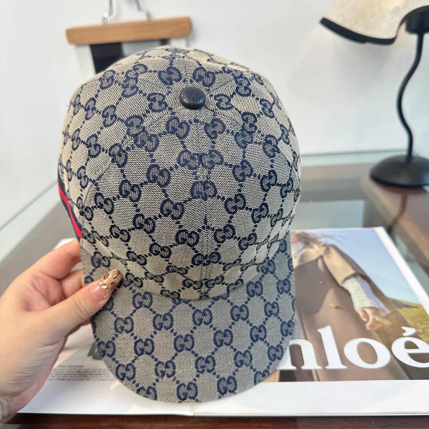 Casquette Gucci GG Supreme Beige Bande Web Marine Rouge