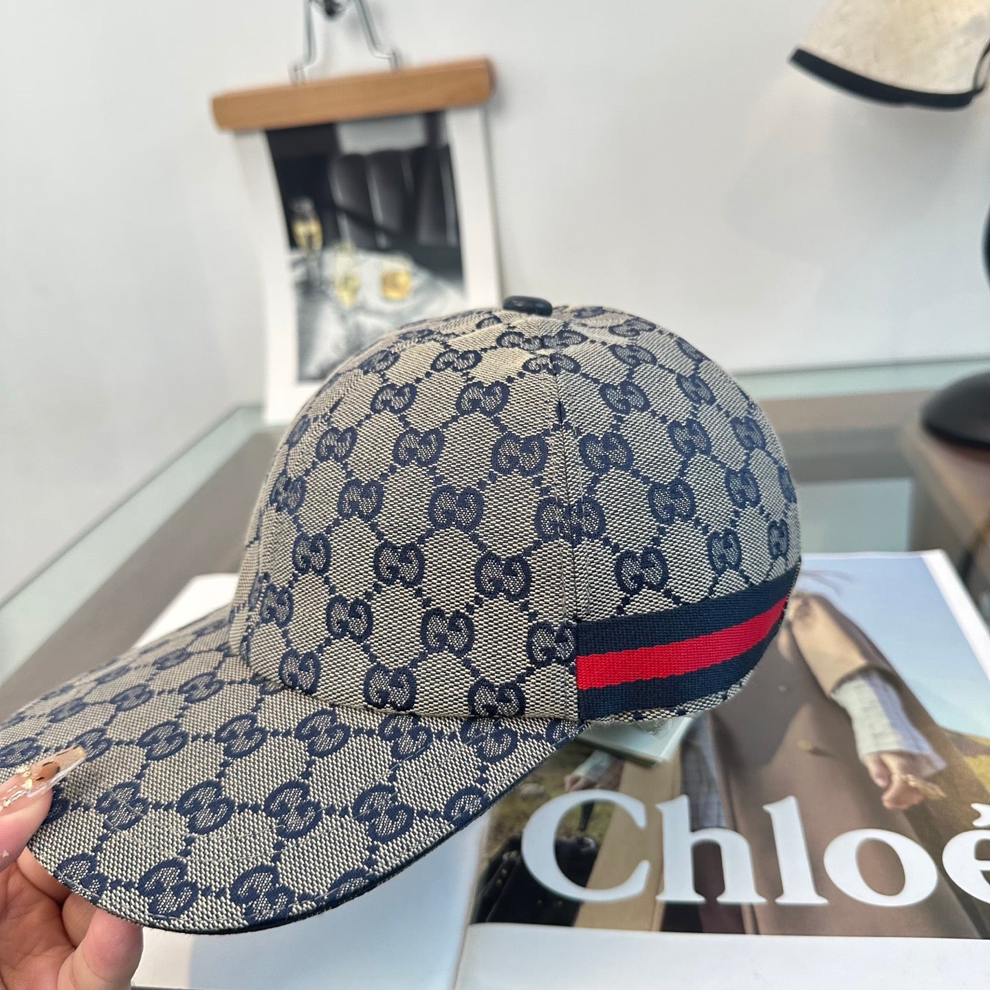 Casquette Gucci GG Supreme Beige Bande Web Marine Rouge
