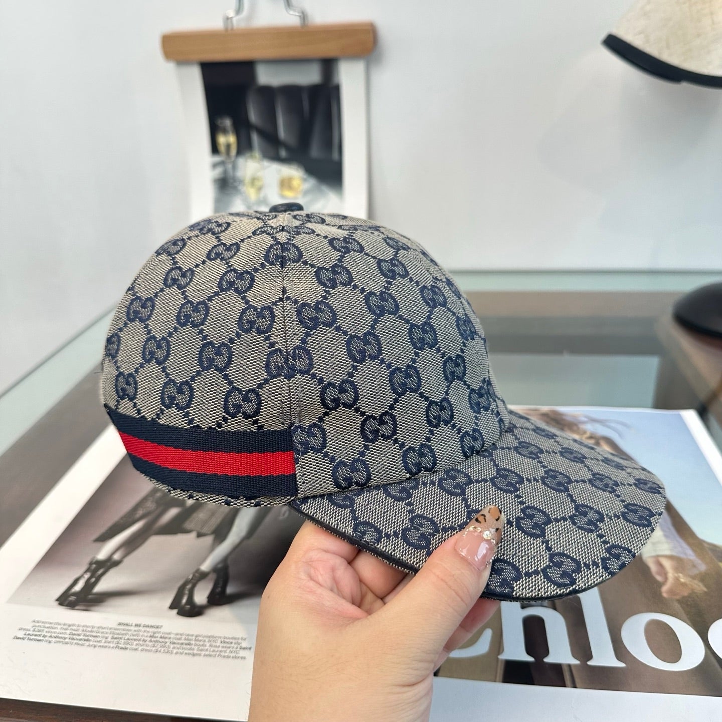 Casquette Gucci GG Supreme Beige Bande Web Marine Rouge